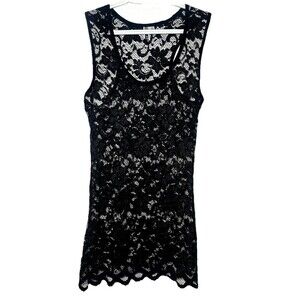 BKE Black Lace Tank Top Sheer Floral Boho Festival Layering L Nylon Spandex